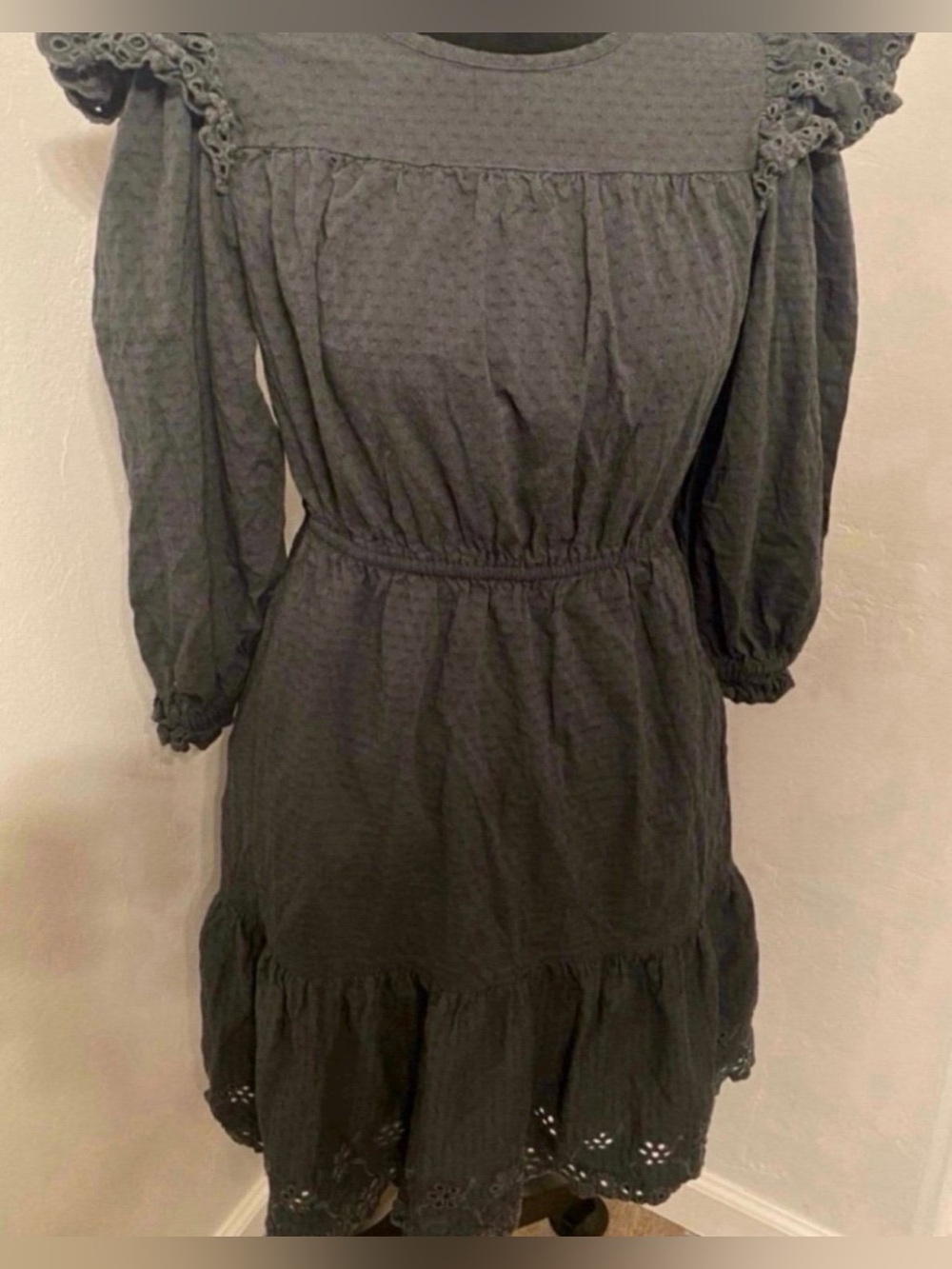 Brand New Women's Black Swiss Dot Long Sleeve Ruffle Dress (Size S)